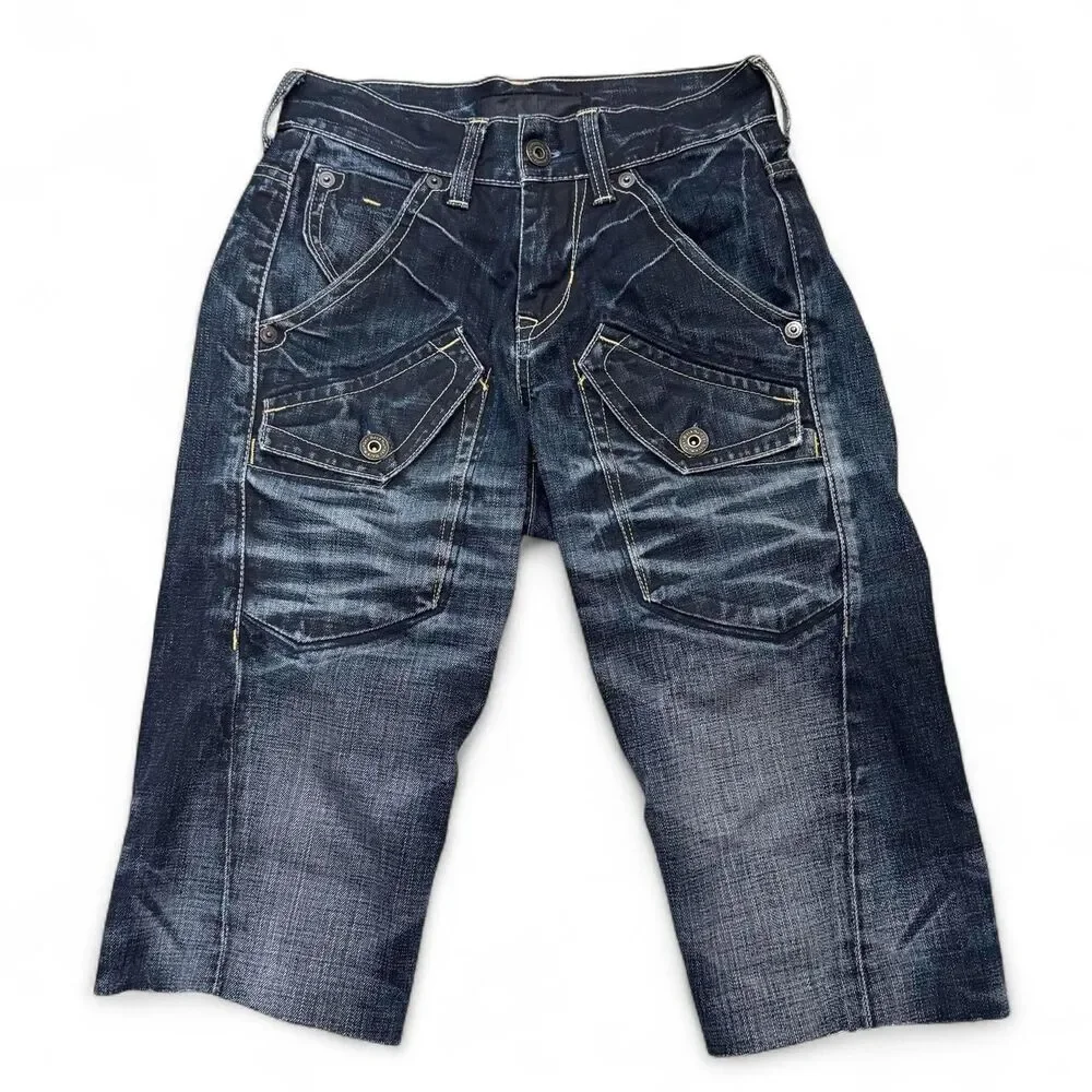 Y2K Back Number Japanese Denim Buckle Back Capri Jeans Gyaru Dark Wash Grunge - Picture 2 of 7